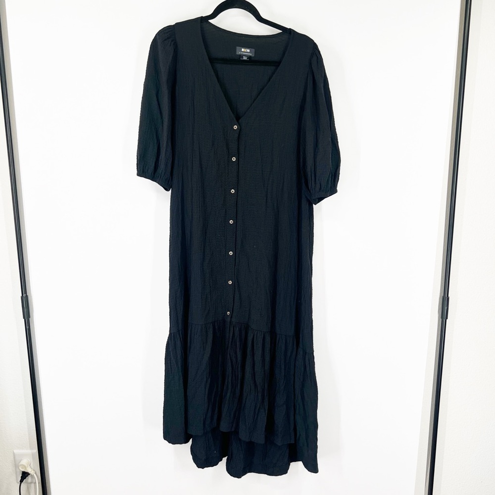Maeve by Anthropologie Black Puff Sleeve Midi Dress Button Front